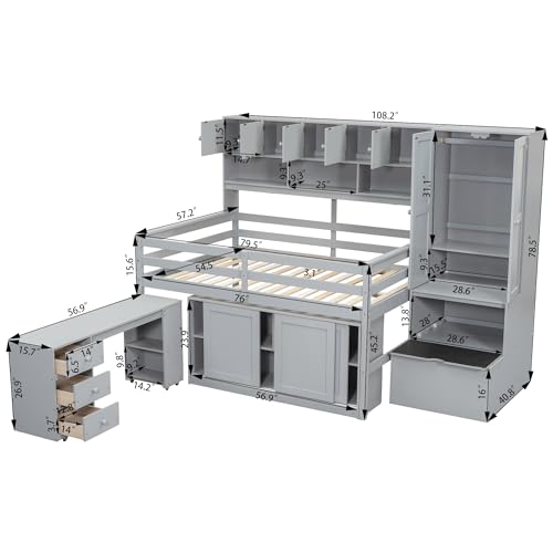 Merax Full Size Wood Loft Bed with Under-Bed Desk and A Big Storage, Storage Staircase,Drawers, Shelves, Integrated Wardrobe,Mobile Workstation,Gray Merax