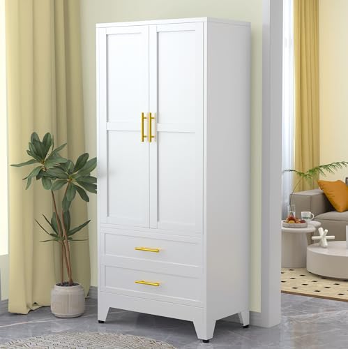 Metal Wardrobe Closet with 2 Doors & 2 Drawers, 71" Tall Armoire Wardrobe Closet with Hanging Rods and Adjustable Shelf, Steel Wardrobe Storage Cabinet for Bedroom-White winiowa