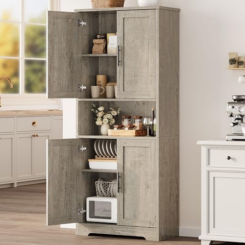 GarveeHome Tall Storage Cabinet, 70 in Kitchen Pantry Cabinet with Doors and Adjustable Shelves, Rustic Wooden Cupboard for Dining Room, Living Room,Gray GarveeHome