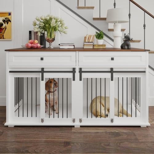 63'' Double Dog Crate Furniture for 2 Dogs, XXL Wooden 2 Dog Kennel, Wooden Dog Kennel with 2 Drawers,Divider and Sliding Door, Indoor Furniture Style Dog Crate End Table, White QueZeiah