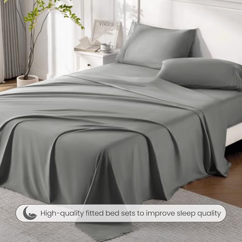 ROSE&RISY Light Grey Twin Sheet Set, 3 Pieces Soft Bedding Queen Sheet Set, Breathable and Cooling,Includes 1 Fitted, 1 Flat, 1 Pillowcase - Deep Pocket (Light Grey, Twin) ROSE&RISY
