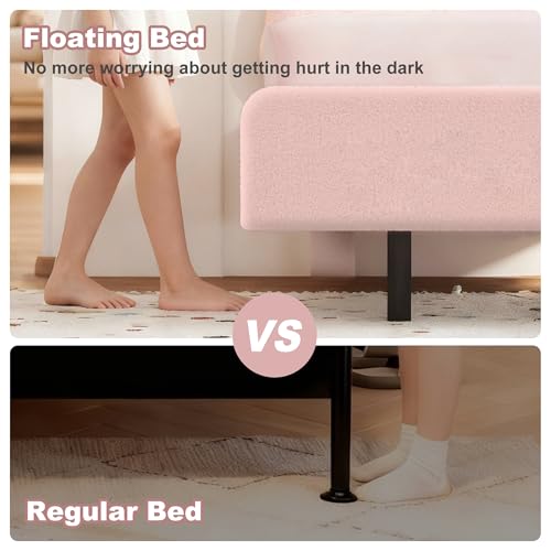 Decofy Cookie Twin Upholstered Bed Frame with LED Lights, Floating Bed Frames with Adjustable Headboard and Raised Footboard for Princess/Prince Bedroom, Teddy Velvet(Pink) Decofy