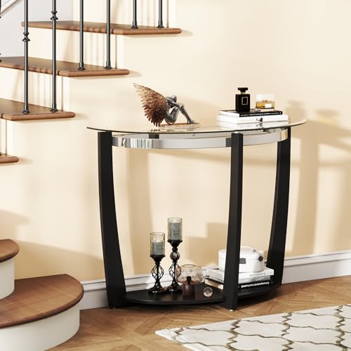Giantex 2-Tier Glass Console Table, Half Moon Modern Entryway Table with Tempered Glass Top & Open Storage Shelf, Narrow Long Sofa Table for Living Room, Hallway, Foyer, Entrance (Black) Giantex