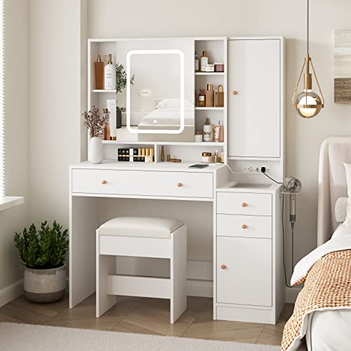 Vabches White Vanity Desk with Mirror and Lights, Vanity Table Makeup Vanity with Lights 3 Drawers and Cabinets, Charging Station & Sliding Door, Lots Storage Shelves Vabches