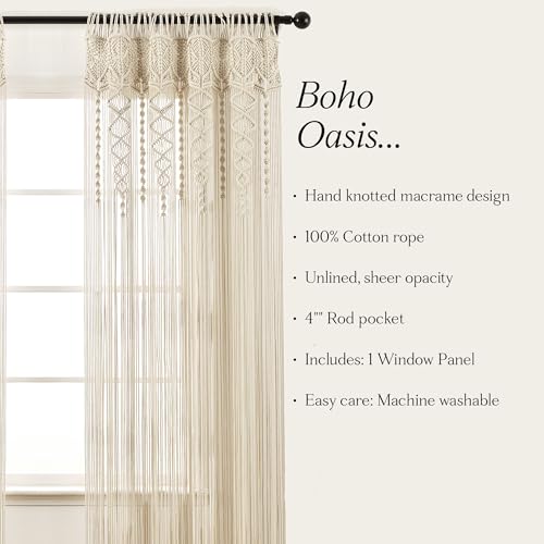 Lush Decor Boho Macrame Textured Cotton Window Curtain Panel Single 40" W x 95" L Neutral - Macrame Curtains for Windows, Room Divider, Boho Wall Decor Lush Decor