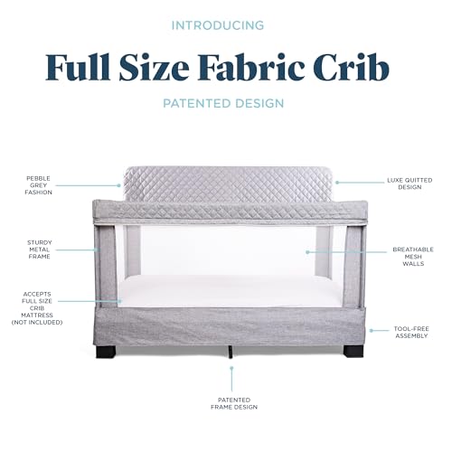 Baby Delight Horizon Full Size Crib, Breathable Mesh Walls, Tool-Free Assembly Baby Bed, Luxe Quilted Easy to Clean Fabric, Grey