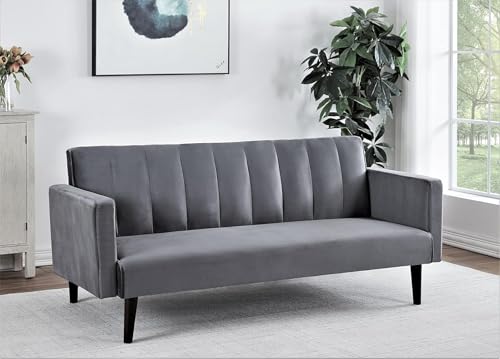 Container Furniture Direct 72" Velvet Convertible Futon Sofa Bed - Full Out Twin Sleeper Couch w/Channel Stitch, Wood Frame & High-Density Foam - Space-Saving for Apartments/Dorms, Grey Container Furniture Direct