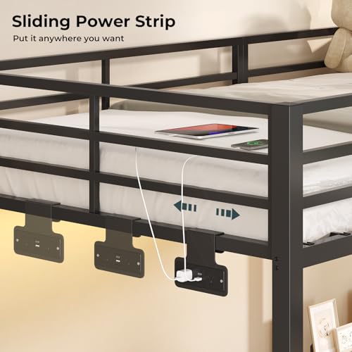 ADORNEVE Triple Bunk Bed with Storage Staircase, RGB Lights & Charging Station, Twin Over Twin, Heavy Duty Metal 3 Bunk Beds with Drawers & Headboard Shelf, Safety Guardrails, for Kids, Black ADORNEVE