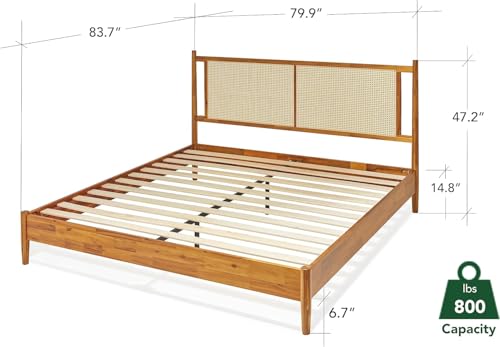 Bme Oliver Headboard Queen Size Bed Frame - 15-Inch Signature Design with Rattan Headboard, Bohemian and Mid Century Style, 12-Slat Wood Support, No Box Spring Needed - Easy Assembly, Caramel Bme