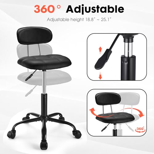 FNZIR Square Rolling Stool with Backrest Height Adjustable Chair Swivel Drafting Chair Stool Chair with Wheels Stable Base Foot Black FNZIR