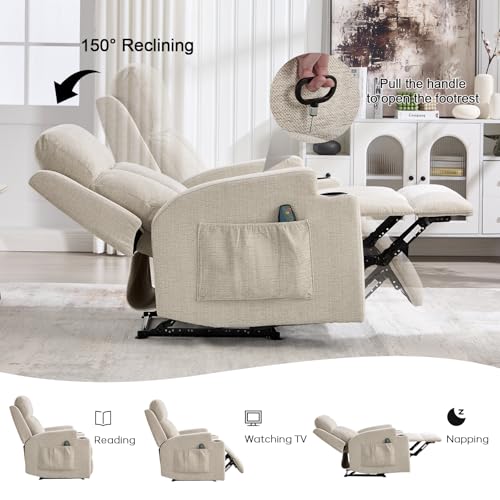 CANMOV Manual Recliner Chair with Massage and Heat,Comfy Recliner Chair Sofa with Overstuffed Arms and Back, Manual Reclining Single Sofa with 2 Cup Holders, Side Pocket for Living Room,Beige