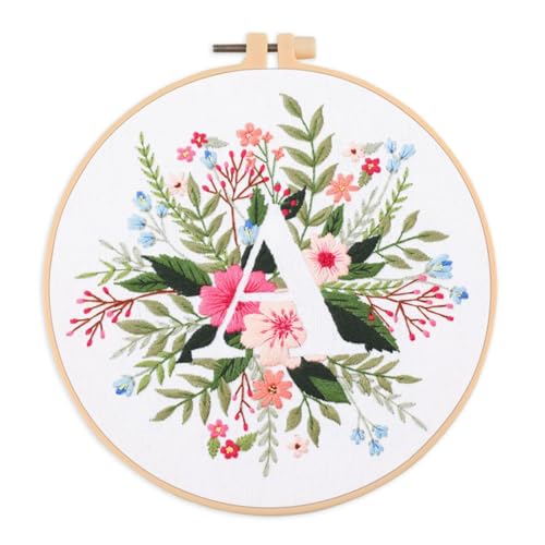 Abillyn Embroidery Starter Kit English Letter A and Flowers Stamped with Printed Pattern Cross Stitch Embroidery Kits (Letter A)