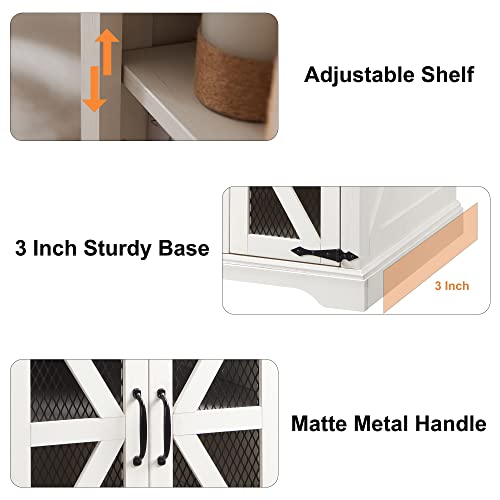 JXQTLINGMU Farmhouse End Table, 24" Large Sofa Side Table with Charging Station, Mesh Barn Door, and Adjustable Storage Shelf, Rustic Wood Square Nightstand for Living Room, Bedroom, Office, White JXQTLINGMU