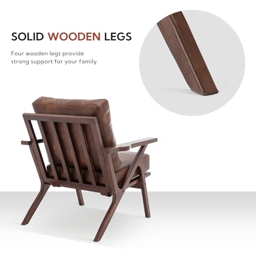 Bonzy Home Faux Leather Accent Chair for Living Room,Upholstered Armchair with Cushions and Solid Wood Frame, Mid-Century Modern Lounge Chair for Bedroom or Office,Brown Bonzy Home