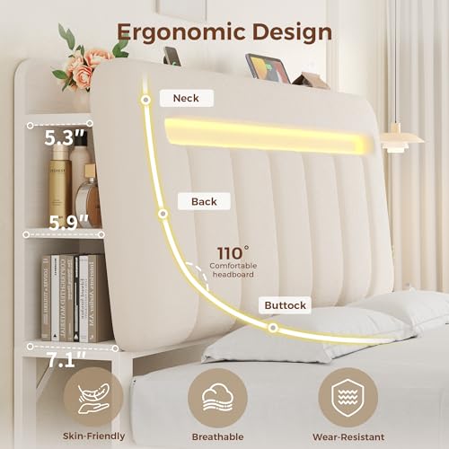Jocoevol Queen Bed Frame with Storage Headboard,Upholstered White Bed Frame Queen Size with Storage Drawers and Charging Station,Velvet Platform Metal Bed, Noise-Free, No Box Spring Needed Jocoevol