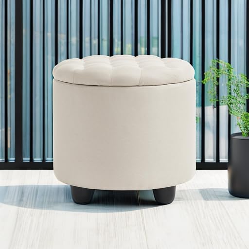 Furniliving Modern Round Storage Ottoman,Button Tufted Ottoman Foot Stools Ottoman Footstool with Removable Lid Storage Ottoman for Living Room, Bedroom, Makeup Room,Beige Furniliving