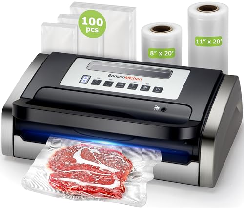 Bonsenkitchen Vacuum Sealer Machine, Powerful Low-Noise Food Vacuum Sealer for High-Speed Continuous Working, Handle Locked Design, Built-in Cutter, 2 Bag Rolls + 100 PCS Vacuum Bags Bonsenkitchen