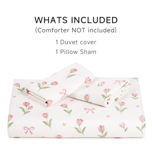 Erwinmu Floral Duvet Cover Set Twin Size,Pink Tulip Bow Ties Reversible Bedding Set with Heart Pattern for Girls Kids,Romantic Microfiber Comforter Cover 2Pcs with Zipper Closure and 1 Pillowcase Erwinmu