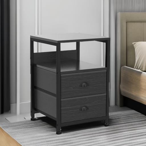 Furologee Nightstand Set of 2, Black Oak, with Charging Station and USB Ports, Side Tables with 2 Fabric Drawers, Bedside Tables with Storage Shelf & Hooks, for Living Room/Bedroom Furologee