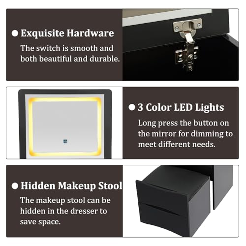 ILWorkTLs Compact Vanity Desk with Mirror and Lights,Makeup Vanity Table with with Hidden Stool and Drawers,3-in-1 Dressing Table for Small Space,Bedroom,Black ILWorkTLs