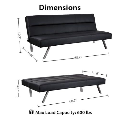 Naomi Home Zoe Futon Sofa Bed, Black Faux Leather, 3-Position Convertible, Space-Saving, 68.9" W Naomi Home
