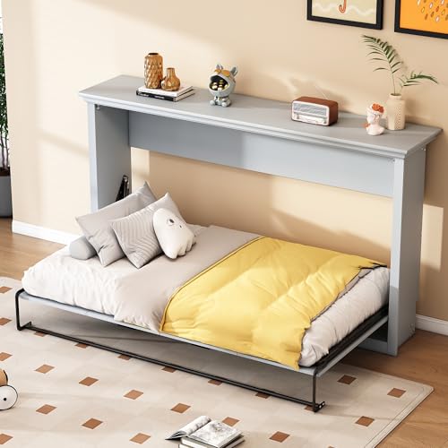 SOFTSEA Twin Size Horizontal Murphy Bed, Cabinet Murphy Bed for Guestroom Home Office Small Room, Solid Wood Wall Bed Frame Foldable Space-Saving, Can Be Folded into a Cabinet, Gray SOFTSEA