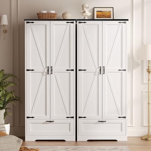 Vongrasig Kitchen Pantry Storage Cabinet with Barn Doors, Drawer and Adjustable Shelves, 4-Tier Tall Rustic Wood Cupboard Locker for Kitchen, Dining Room, Living Room, Bathroom, (White) Vongrasig