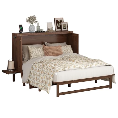 KALALLA Queen Size Murphy Cabinet Bed with Desk Combo and 2 Removable Shelves, USB Charging Station, Murphy Chest Dresser Foldable Bed, Space Saving for Small Space - Walnut KALALLA