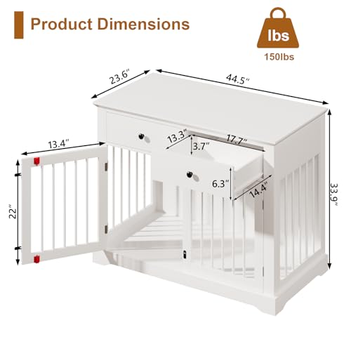 PUKAMI 44inch Large Dog Crate Furniture with Drawers, Wooden Dog Kennel Furniture for Indoor use, White End Table Dog House, for Small/Medium/Large Dog PUKAMI
