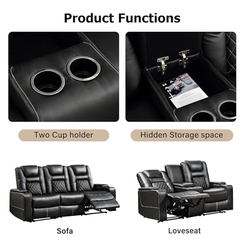 CANMOV Home Theater Seating Seats, Theater Recliner Chair Sofa, PU Leather 3 seat Power Recliner Sofa with Cup Holders, Hidden Arm Storage, USB Ports,Black