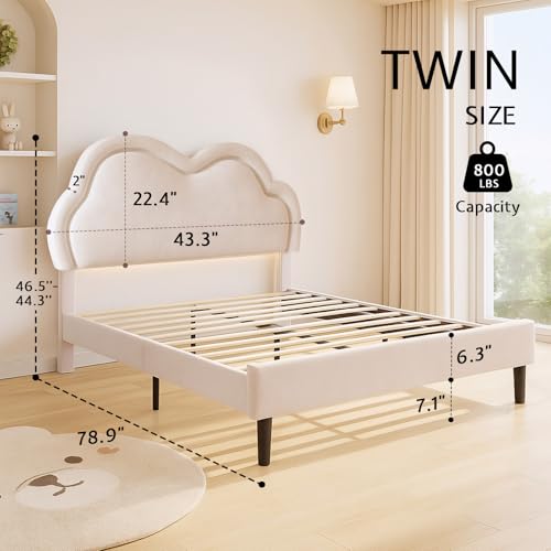 Jocisland Twin Bed Frame for Girls with Adjustable Cloud Headboard, Velvet Upholstered & RGB Lights, 7.1" Underbed Storage, No Box Spring Needed, Cream Jocisland