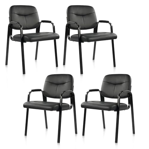 Elevon Waiting Room Chairs No Wheels Set of 4, Leather Stationary Office Reception Guest Chair with Padded Arms for Elderly Desk Conference Room Lobby Table Side Salon Elevon