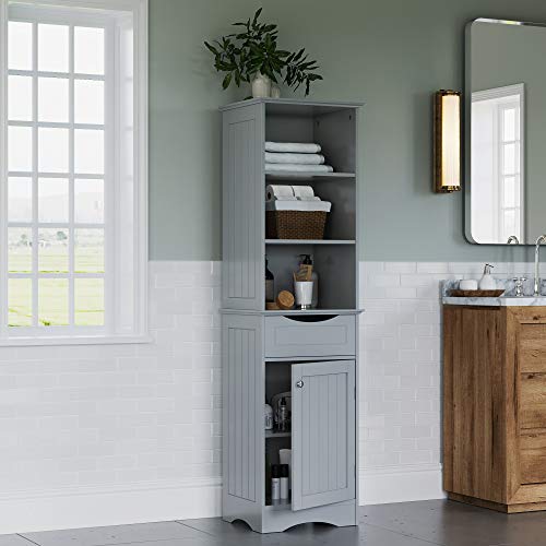 RiverRidge, Gray Ashland Bathroom Freestanding Storage Cabinet with Three Open Shelves and Drawer, Size RiverRidge