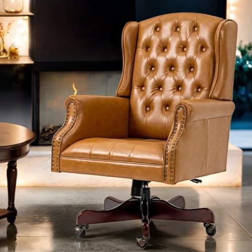 ECOTOUGE Tufted Office Chair, Faux Leather Executive Desk Chair w/High Back & Nail Head Trim, Ergonomic Wingback PC Chair for Home, Office and Living Room, Brown ECOTOUGE