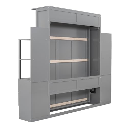 Ball & Cast Wall Bed Queen Size Murphy Beds with 2 Four-Layer Shelves and 4 Drawers,Wood Storage Hideaway Cabinet w/LED Lights,Space-Saving for Home Office,Study,Guest Room,Gray Ball & Cast