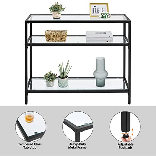Yaheetech 39.5" Console Table with 3 Storage Shelves,Tempered Glass Sofa Table, Modern Entryway Tables with Metal Frame for Hallway Living Room Bedroom, Easy Assembly, Black Yaheetech
