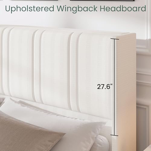 LARMACE Queen Size Bed Frame with 4 Storage Drawers and Wingback Headboard Linen Upholstered Platform Bed Frame with Wooden Slats, Easy Assembly, White LARMACE