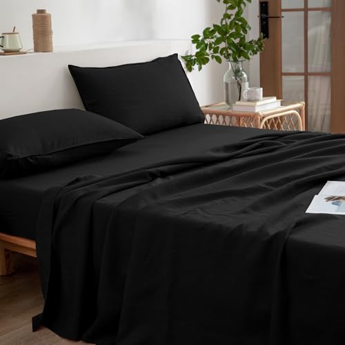 EVERLY Linen Sheets Set Queen Size,100% French Stonewash Pure Linen Sheets Set,4Pieces (1Flat Sheet,1Fitted Sheet,2Pillowcase) Suitable for Hot Sleepers,Deep Pocket Natural Bedding Set-Black EVERLY