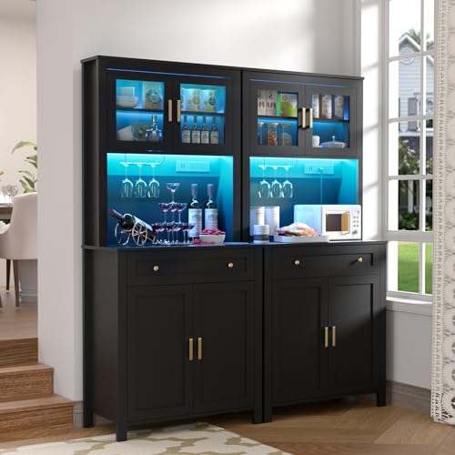 Yeyawomy 72" Tall Kitchen Pantry Cabinet with LED Light & Power Outlets, Farmhouse Large Storage Cabinet, Microwave Stand with Storage, Adjustable Cabinet Shelf, Black Kitchen Pantry (Black) Yeyawomy