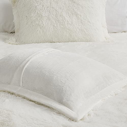 Intelligent Design Malea Shaggy Duvet with Quilted Box Design, Long Faux Fur Comforter Cover Cozy Bedding Set, Matching Shams, (Insert Not Included) Full/Queen, Ivory 3 Piece, 90x90 Intelligent Design