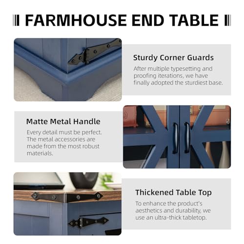 Beroxii Farmhouse End Table, 24" Large End Tables with Storage, Rustic Square Sofa Beside Table with Glass Barn Door, Wood Side Table Square Nightstand for Living Room, Bedroom, Office (Navy Blue) BEROXII