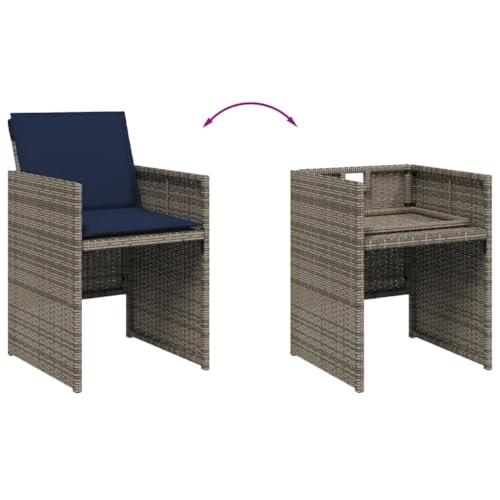 vidaXL 11 Piece Patio Dining Set with Cushions - Gray PE Rattan, Acacia Wood Tabletop, Foldable Chairs, and Stools - Ideal for Outdoor, Garden, and Patio vidaXL