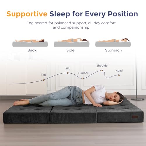 MAXYOYO Tri-Fold Mattress, 6 Inch Tufted Folding Mattress with Chenille Fabric, Portable Twin Size Floor Guest Mat for Adults, Foldable Topper for Camping, Dark Grey, 35.4"x75" MAXYOYO