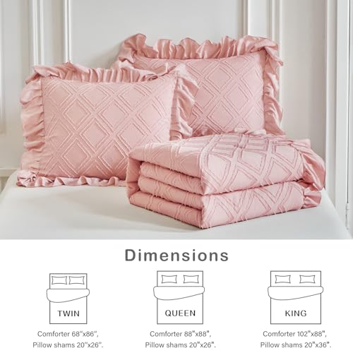 Tufted Ruffle Comforter Set Twin Size, 3 Pieces Blush Pink Ruffled Farmhouse Comforters, Luxury Solid Soft and Embroidery Shabby Chic Boho Bohemian Bedding Set for Girls (1 Comforter + 2 Pillowcases) Flysheep