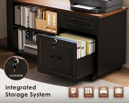 OffiGo 55 Inch L Shaped Electric Standing Desk with Drawers & File Cabinet Sets, Executive Sit Stand Desk, Height Adjustable Computer Desk for Home Office, Writing, Workstation, Walnut+Black OffiGo