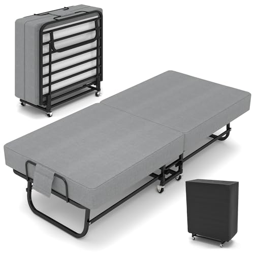 SADENICEL Folding Bed with Mattress for Adults, Portable Foldable Roll Away Bed on Wheels, Memory Foam Mattress and Metal Frame, Space Saving Fold Up for Easy Storage, 75" x 31" SADENICEL