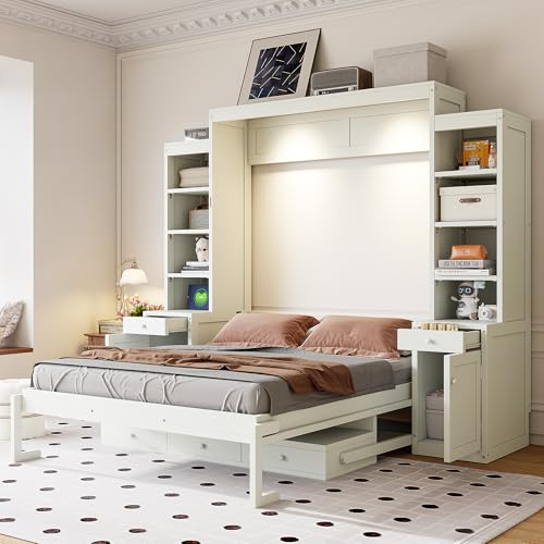 Brabrety Queen Size Murphy Bed with Desk & Storage, Space-Saving Wood Wall Bed with Drawers,for Apartments Bedroom Home Office Studio (White#B, Queen) Brabrety