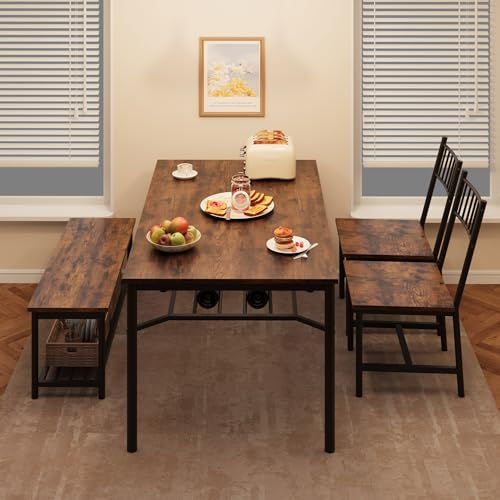 Garvee Dining Table Set for 4 with Bench and Chairs, 4-Piece Kitchen Table Set with Storage – Space-Saving Dining Table for Apartments and Dining Rooms, Brown Garvee