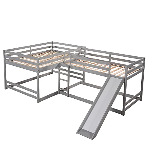 Quad Bunk Beds with Slide, L Shape Bunk Bed Compatible with 4, Full Over Full Bunk Bed & Twin Over Twin Bunk Bed, Wood Corner Bunk Beds Compatible with Boys Girls Teens (4 Beds, Gray) ,Queen Bed TMAXX