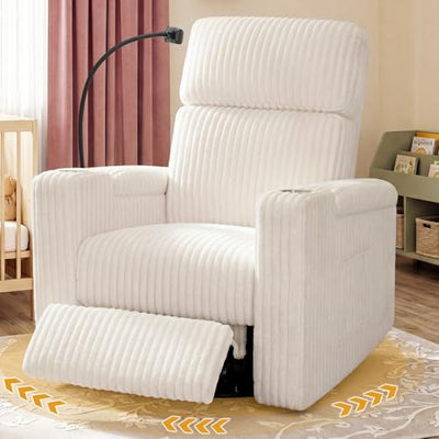 HUSFU Power Swivel Rocker Recliner Chair, Nursery Glider Rocking Chair for Adults with Phone Holder and USB & Type-C Ports, Comfy Corduroy Recliner Chairs for Living Room, Bedroom, Cream,1PC